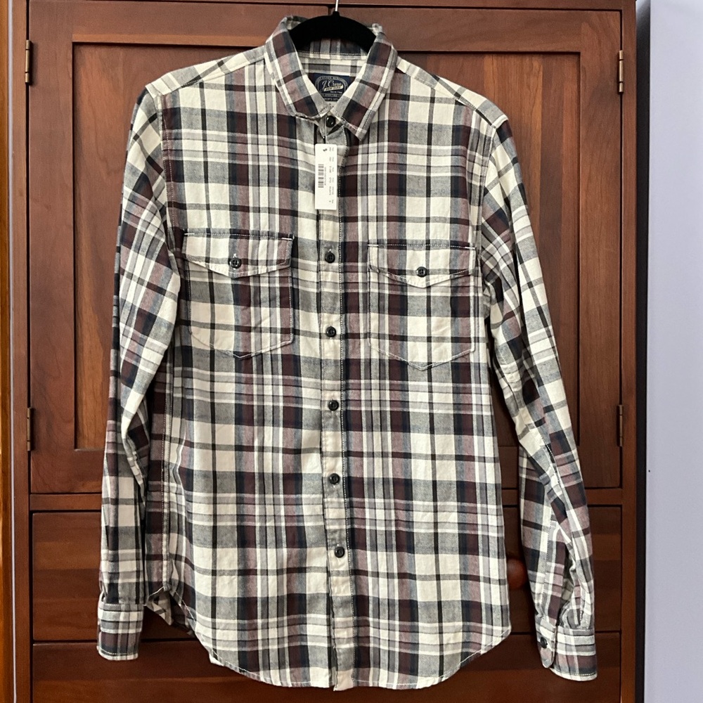 J. Crew Men's Cream and Burgundy Plaid Flannel Button Down Shirt Size Small